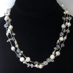 White Clear Silver Pearl Bead Gemstone Necklace